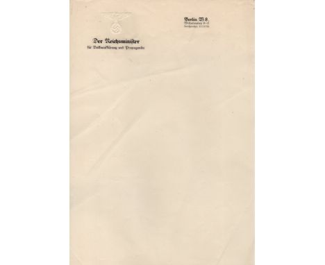 [GOEBBELS JOSEPH]: (1897-1945) German Politician, Reich Minister of Propaganda in Nazi Germany 1933-45. An unused 4to sheet o