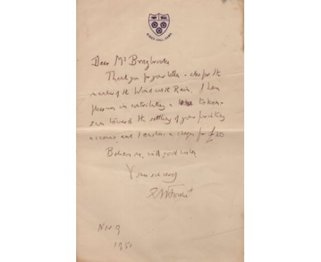 FORSTER E. M.: (1879-1970) English Novelist. A.L.S., E M Forster, one page, 8vo, Cambridge, 9th November 1951, to [Neville] B