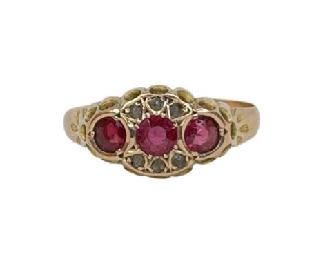 Antique 9ct Gold Ruby and Diamond Trilogy Ring, Size 6.75 / Size M 1/2Birmingham 1905, John Henry WynnCondition report: Good 