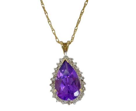 .9ct Gold Pear Shaped Amethyst And Diamond Necklace, 4g 18 Inches Chain, 2.5 cm pendant Condition report: Excellent condition