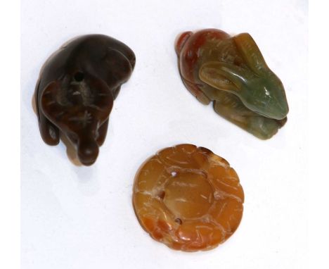 Two Chinese jade and a hardstone carving - 20th centuryincluding a rabbit and an oxQty: 3
