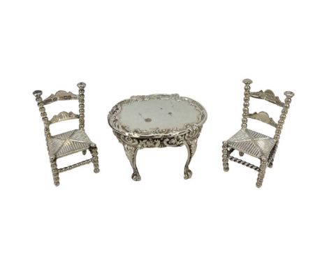 Novelty Silver Table and a Pair of Novelty Ladder Back Chairs. 41 g. Chairs: Sheffield Import Mark for Sheffield 1900, Samuel