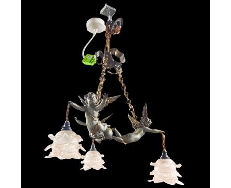Decorative Winged Cherub 3 Arm Drop Light Fitting. Early 20th Century. Light fitting of metal form and outstretched cherubs f