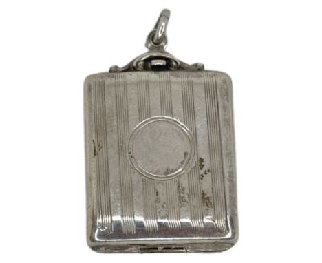 Silver Pendant Stamp Box. 7 g. Birmingham 1912, Albert Jenkins. Engine turned. Vacant cartouche3.5 3 cmsCondition report: No 