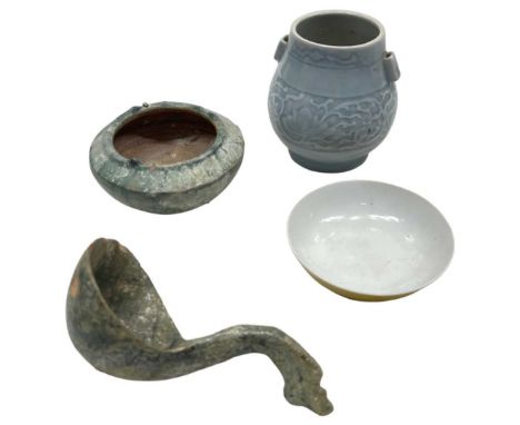 A Chinese Tang Dynasty Green Glazed Ladle,together with a small green glazed bowl; and a Chinese yellow glazed saucer dish; a