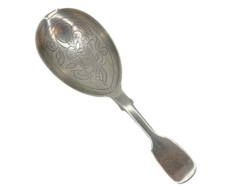 Silver Fiddle Pattern Caddy Spoon. 16 g. London 1846. Robert Wallis. Monogram to terminal. Light chased decoration to bowlLen