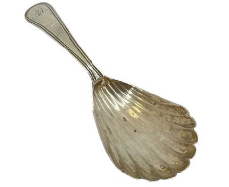 Georgian Silver Caddy Spoon. 10 g. London 1803, Duncan Urquhart & Naphtali HartScalloped shell bowl. Monogram 'M' to terminal