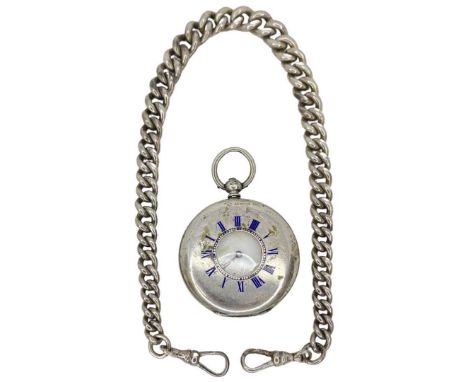 Silver Blue Enamelled Pocket Watch and Chain, 96gchain 31cms long, Watch is 5cms long by 4cms wide Condition report: Good con