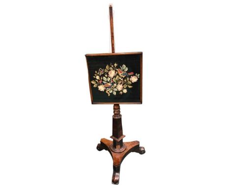 Good Quality Mahogany Embroidered Pole Fire Screen.Embrodery of birds and butterfly amongst flowers on black base. Stand drop