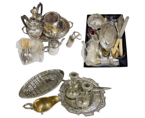 Quantity of Silver Plated Wares. To include: Galleried tray, coffee pot, tea pot, bottle coaster, 2 model pheasants, gilt met