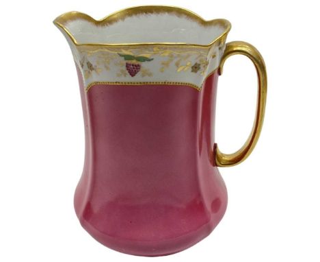 Adderley Ltd. Large Bathroom Water Jug. Raspberry coloured body, gilded and decorated rim with raspberries and gilded handleH