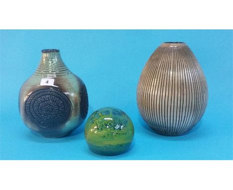 A Guy Sydenham Poole pottery ovoid shape vase, another Guy Sydenham square Poole vase and Mdina glass paperweight