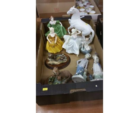 Tray of assorted figures, including Coalport, Nao etc.