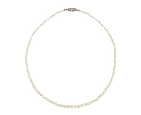 A NATURAL SALTWATER PEARL NECKLACE, the graduated natural saltwater pearls, between 2.3mm -5.9mm, with oval diamond clasp set