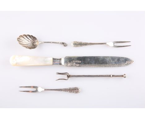 A GROUP OF SILVER, including a mother-of-pearl handled knife,&nbsp;by&nbsp;John Sanderson &amp; Son Ltd, Sheffield 1926, ster