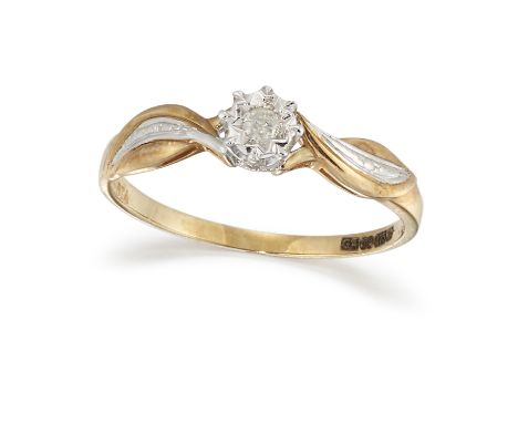 A 9CT DIAMOND RING, the central illusion set diamond, set to either side with crossover shoulders with diamond highlights, wi