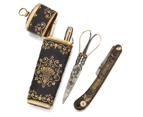 AN 18TH CENTURY SHAGREEN NECESSAIRE WITH PIQUE DECORATION, the tapering case with hinged cover, with applied bead decoration,
