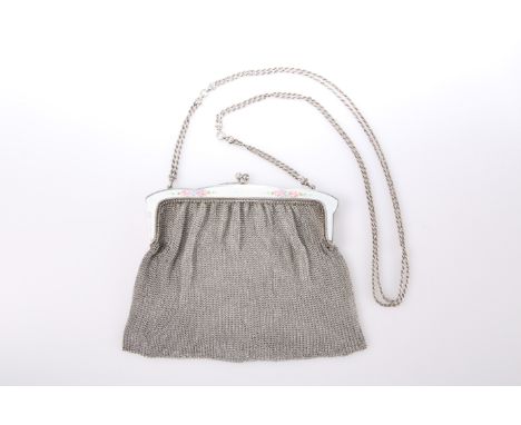 A SILVER AND ENAMEL CHAIN MESH EVENING BAG,&nbsp;import mark,&nbsp;George Stockwell, London 1912, the light blue enamelled fr
