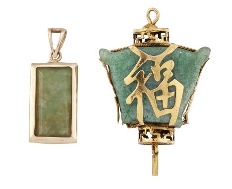 A 9CT JADE PENDANT AND A CHINESE AVENTURINE PENDANT, the rectangular jade pendant in a gold mount and loop stamped '9kt' toge