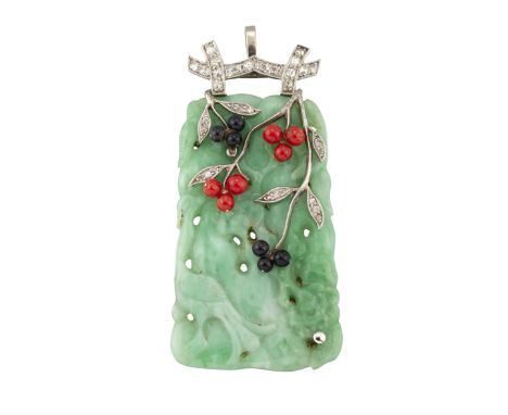AN EARLY 20TH CENTURY JADE, DIAMOND, CORAL AND ONYX PENDANT/BROOCH, the carved and pierced panel set to top with two diamond 
