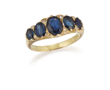 AN 18CT SAPPHIRE RING, the five graduated oval sapphires, total weight of sapphires estimated approx. 2.40cts, set with diamo
