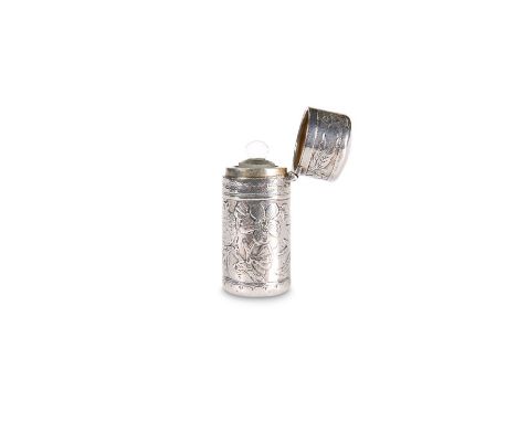 A VICTORIAN SILVER SCENT FLASK,&nbsp;by Sampson Mordan &amp; Co, London 1881, cylindrical with hinged cover, chased in the Ae