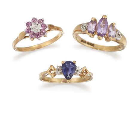 THREE 9CT DIAMOND AND GEMSET RINGS, a three stone amethyst and diamond ring, size K; a pink sapphire and diamond cluster, siz
