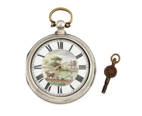 A PAIR CASED POCKET WATCH, circular white enamel dial with black roman index and outer minute track, gilt hands, dial centre 