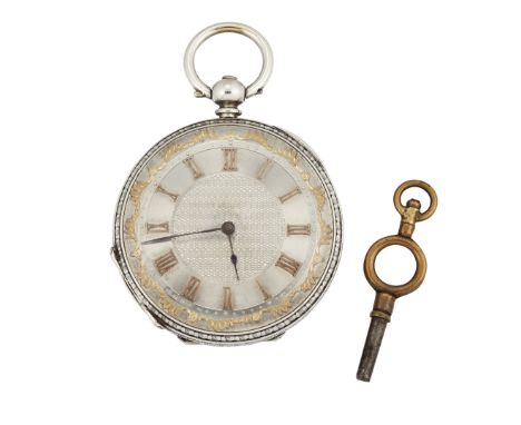 A WHITE METAL POCKET WATCH, circular silver dial with gilt decoration, roman numerals, engine turning to dial centre, scroll 