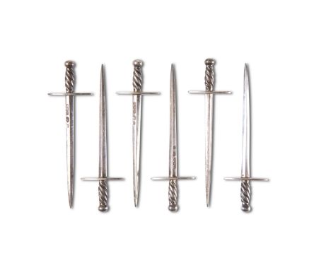 A SET OF SIX EDWARDIAN SILVER COCKTAIL STICKS,&nbsp;by&nbsp;William Hutton &amp; Sons Ltd, Sheffield 1903, in the form of swo