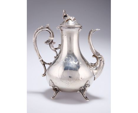 A FRENCH SILVER COFFEE POT, by&nbsp;Pierre Queille, the domed cover with applied foliate knop, scrolling handle with leaf-for
