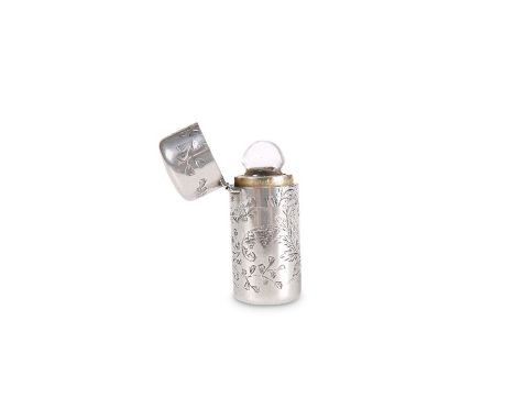 A VICTORIAN SILVER SCENT FLASK,&nbsp;by Sampson Mordan &amp; Co, London 1880, cylindrical with hinged cover, with engraved fe