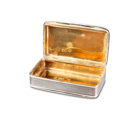 A WILLIAM IV SILVER SNUFF BOX,&nbsp;by Nathaniel Mills, Birmingham 1835, rectangular, the engine-turned hinged cover engraved