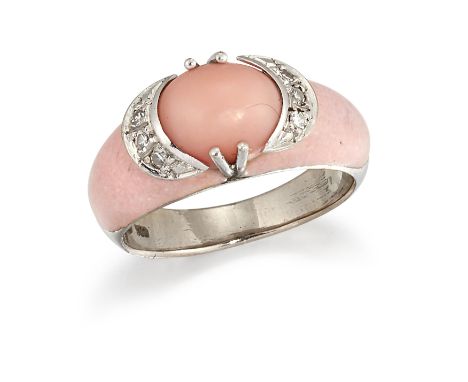 AN 18CT WHITE GOLD CORAL, DIAMOND AND ENAMEL RING, the oval coral cabochon set to either side with a half moon shape set with