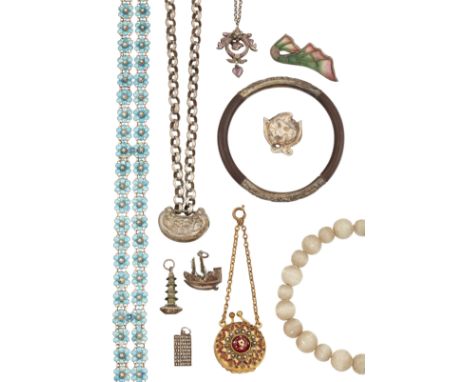 A QUANTITY OF ASIAN JEWELLERY,&nbsp;to include a two row enamelled flower necklace, a mauve enamelled pendant and chain, a gi