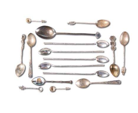 A COLLECTION OF SILVER AND WHITE METAL SPOONS, including a set of five Chinese silver iced coffee straw spoons, Chinese silve