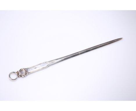 A GEORGIAN SILVER MEAT SKEWER, London, possibly John Kidder, of typical form with ring loop and scallop shell decoration, tap