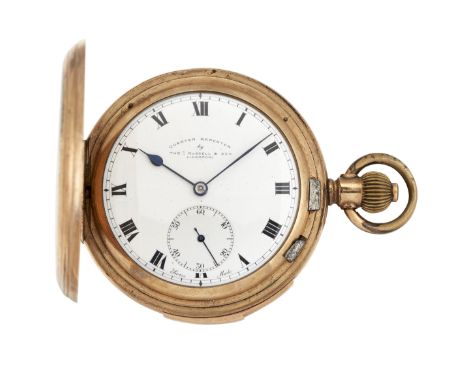 A THOMAS RUSSELL QUARTER REPEATER HUNTER POCKET WATCH. Circular white enamel dial with black roman indices and minute track t