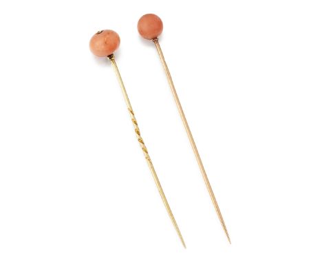 A FRENCH CORAL AND DIAMOND STICK PIN AND ANOTHER,&nbsp;a round coral bead stick pin, approx. 8.4mm diameter, set to top with 