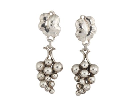 A PAIR OF GEORG JENSEN 'MOONLIGHT GRAPES' no. 40 EARRINGS, the earrings modelled as a bunch of grapes suspended from a vine l