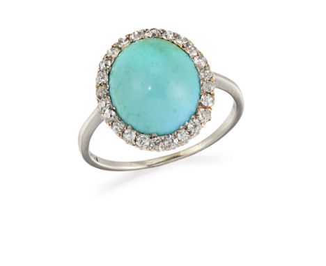 A PLATINUM TURQUOISE AND DIAMOND RING, the oval turquoise cabochon, claw mounted and surrounded by a halo of single cut diamo