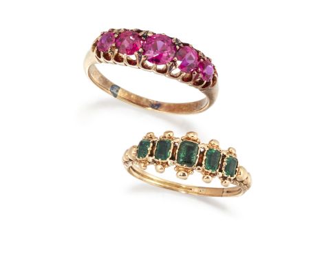 AN EMERALD RING AND A SYNTHETIC RUBY RING, the five stone emerald ring in rubover mounts with beaded decoration, size J; toge