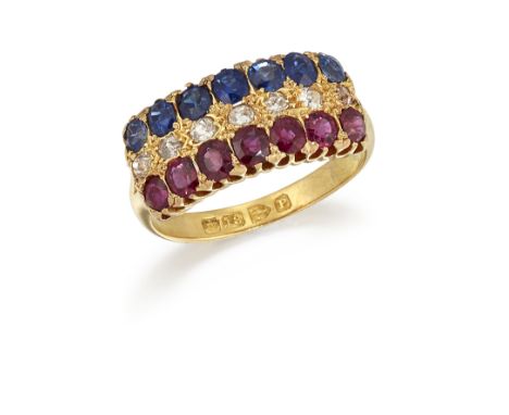 A LATE VICTORIAN SAPPHIRE, RUBY AND DIAMOND RING, the three rows of round sapphire, diamonds and rubies, total weight of diam