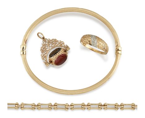 A 9CT GOLD BRACELET, RING AND FOB,&nbsp;the fancy link bracelet with lobster claw clasp stamped 375, a bi-coloured ring set w