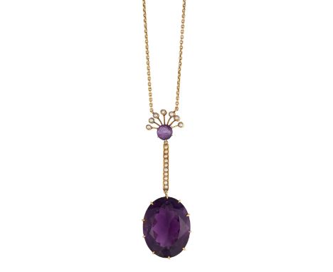 AN AMETHYST AND CULTURED PEARL PENDANT, the oval amethyst, approx. 28 x 22 x 13mm, claw mounted and surmounted by a bar set w