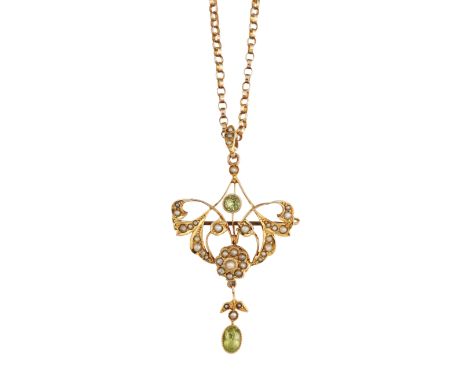 AN EARLY 20TH CENTURY 9CT PERIDOT AND SEED PEARL PENDANT/BROOCH AND CHAIN, the round collet mounted peridot set to either sid