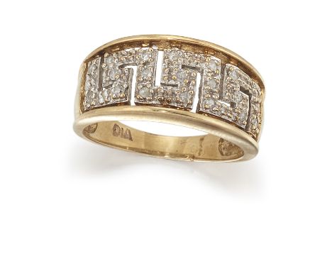 A 9CT DIAMOND RING, the diamond set Greek key design, diamonds estimated approx. 0.10cts, tapering to a plain band stamped 37