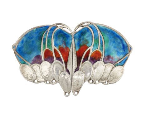 A LIBERTY & CO CYMRIC SILVER AND ENAMEL BELT BUCKLE BY ARCHIBALD KNOX, circa 1904, in the style of an honesty plant with red,
