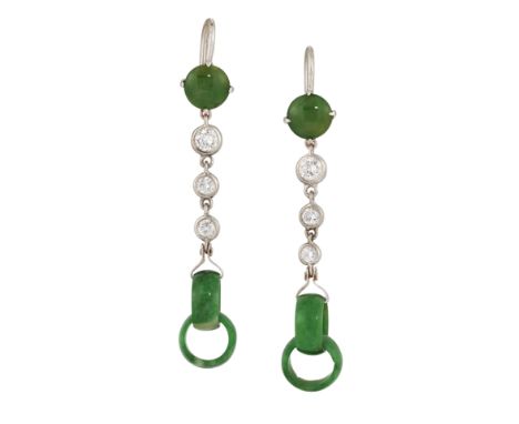 A PAIR OF JADE AND DIAMOND EARRINGS, the upper round cabochon of jade with three graduated round brilliant cut collet mounted