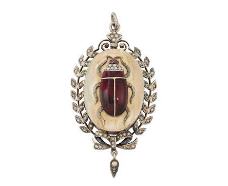 A LATE 19TH CENTURY GARNET BEETLE PENDANT, the oval pendant set with a garnet beetle, with seed pearl head and small garnet e